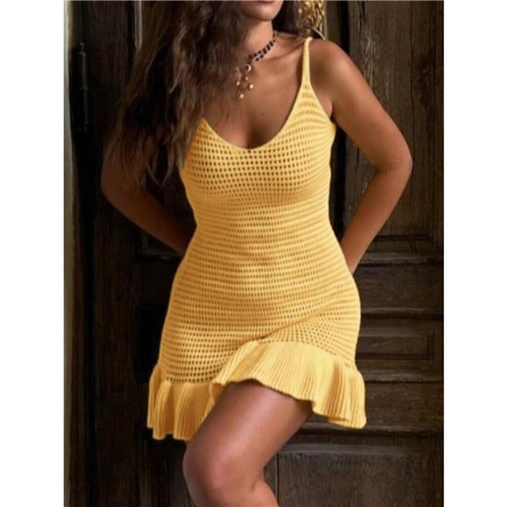 Ruffled Hem Openwork Sweater Dress